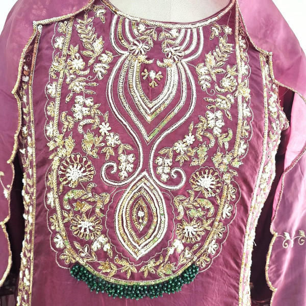 WINE SUMMER SILK HANDWORK SHORT KURTI FLARED PALAZZO AND DUPATTA SET