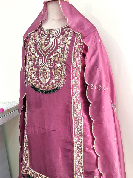 WINE SUMMER SILK HANDWORK SHORT KURTI FLARED PALAZZO AND DUPATTA SET