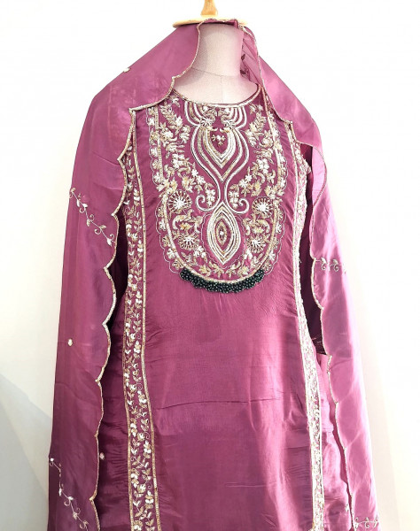 WINE SUMMER SILK HANDWORK SHORT KURTI FLARED PALAZZO AND DUPATTA SET