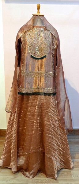 COPPER BROWN TISSUE HANDWORK SHORT KURTI WITH SKIRT AND DUPATTA SET