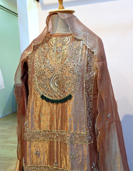 COPPER BROWN TISSUE HANDWORK SHORT KURTI WITH SKIRT AND DUPATTA SET