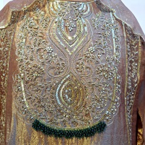 COPPER BROWN TISSUE HANDWORK SHORT KURTI WITH SKIRT AND DUPATTA SET