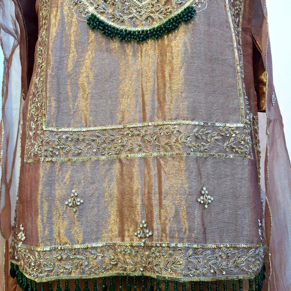COPPER BROWN TISSUE HANDWORK SHORT KURTI WITH SKIRT AND DUPATTA SET