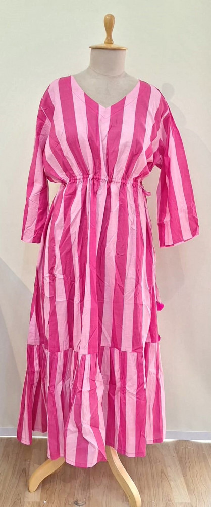 Image of PINK AND WHITE STRIPED COTTON MIDI FROCK SET