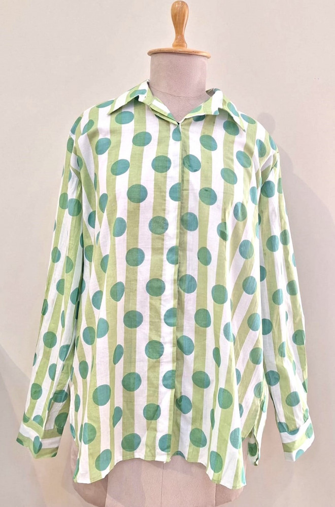 Image of MINT GREEN AND WHITE STRIPED WESTERN STYLE COTTON SHIRT