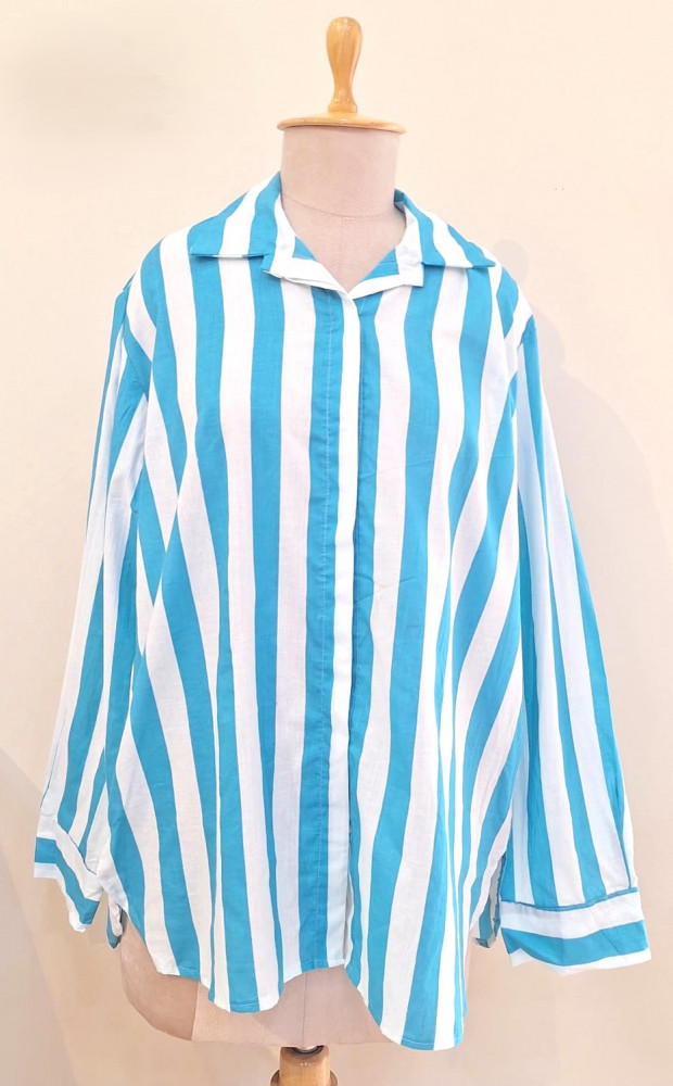 Image of SKY BLUE AND WHITE STRIPED WESTERN STYLE COTTON SHIRT