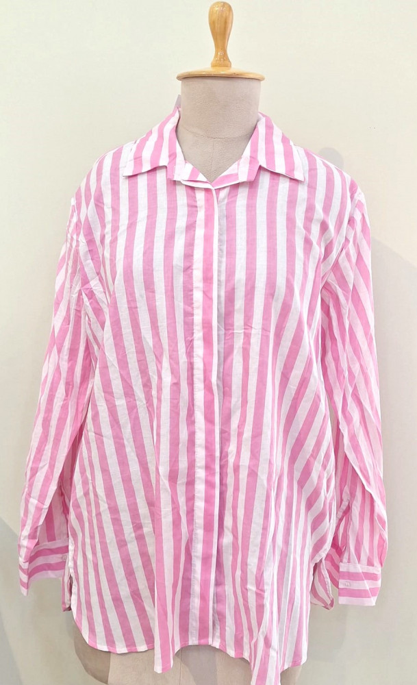 Image of LIGHT PINK AND WHITE STRIPED WESTERN STYLE COTTON SHIRT