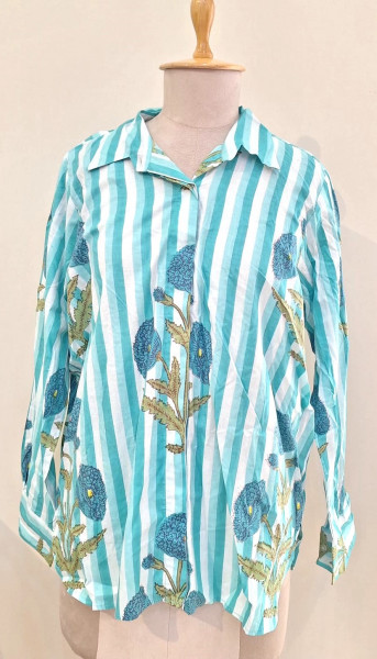 AQUA BLUE LIGHT BLUE AND WHITE STRIPED WESTERN STYLE COTTON SHIRT