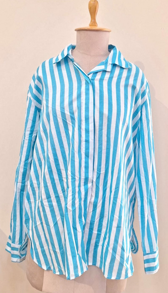 Image of BLUE AND WHITE STRIPED WESTERN STYLE COTTON SHIRT