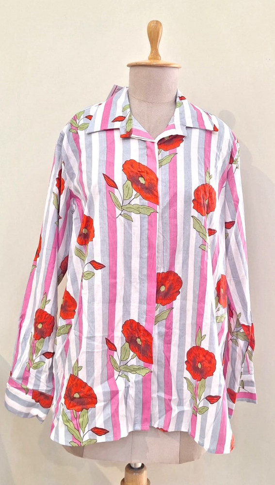 Image of LIGHT PINK SILVER AND WHITE STRIPED WESTERN STYLE COTTON SHIRT