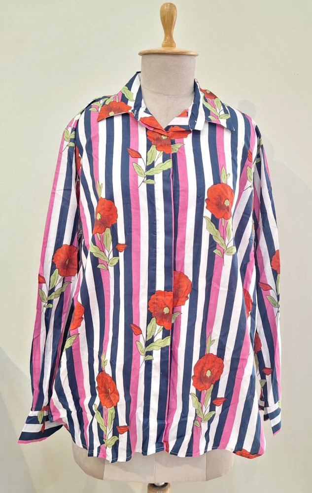 Image of NAVY BLUE LIGHT PINK AND WHITE STRIPED WESTERN STYLE COTTON SHIRT