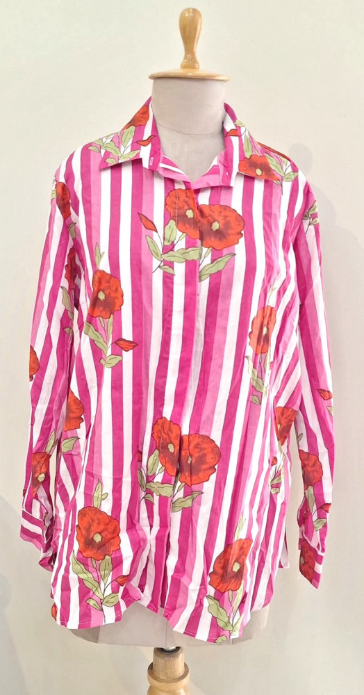 Image of DARK PINK ROSE PINK AND WHITE STRIPED WESTERN STYLE COTTON SHIRT