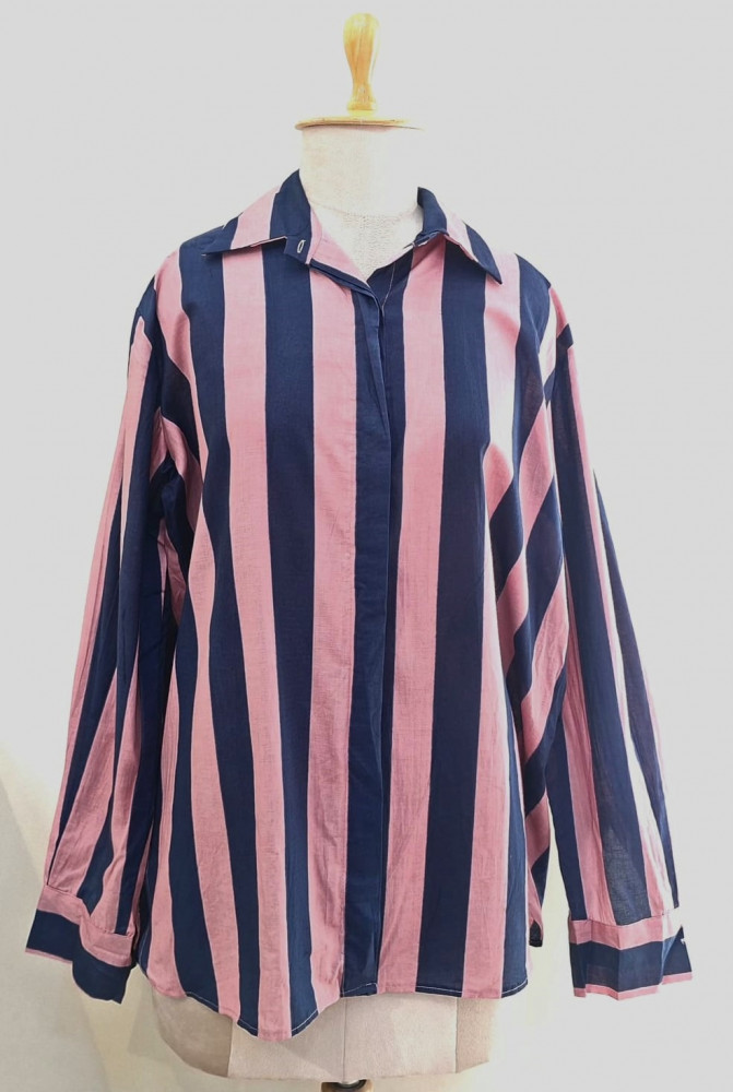 Image of NAVY BLUE AND PEACH STRIPED WESTERN STYLE COTTON STYLE
