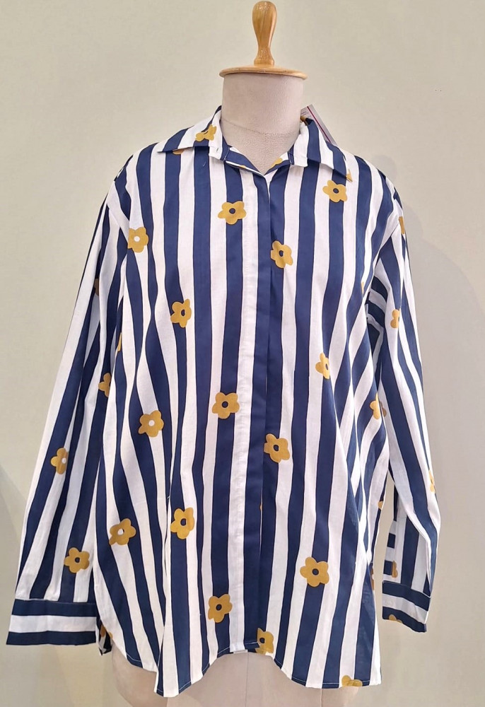 Image of NAVY BLUE AND WHITE STRIPED WESTERN STYLE COTTON SHIRT