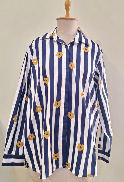NAVY BLUE AND WHITE STRIPED WESTERN STYLE COTTON SHIRT