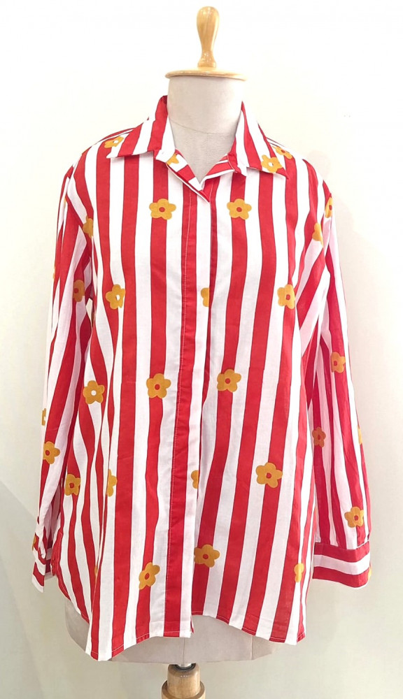 Image of RED AND WHITE STRIPED WESTERN STYLE COTTON SHIRT