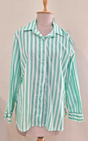 GREEN AND WHITE STRIPED WESTERN STYLE COTTON SHIRT