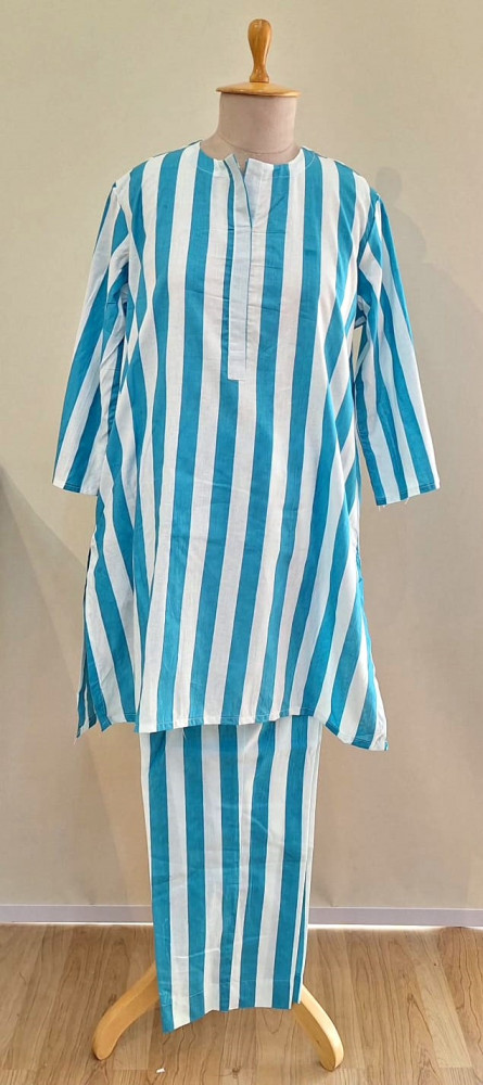 Image of SKY BLUE AND WHITE STRIPED COTTON CO-ORD SET