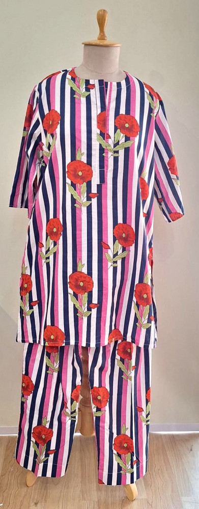 Image of NAVY BLUE LIGHT PINK AND WHITE STRIPED COTTON CO-ORD SET