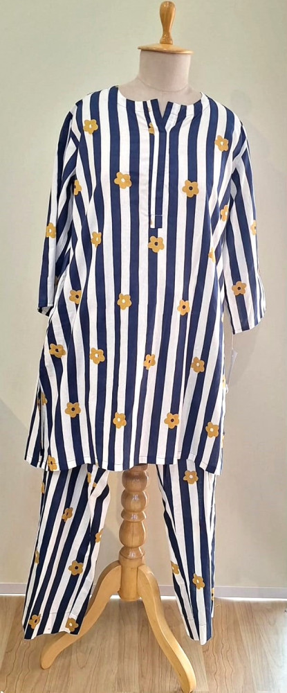 Image of NAVY BLUE AND WHITE STRIPED COTTON CO-ORD SET