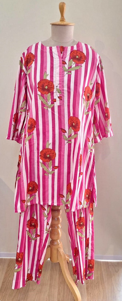 Image of DARK PINK ROSE PINK AND WHITE STRIPED COTTON CO-ORD SET