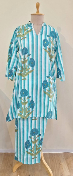 AQUA BLUE LIGHT BLUE AND WHITE STRIPED COTTON CO-ORD SET