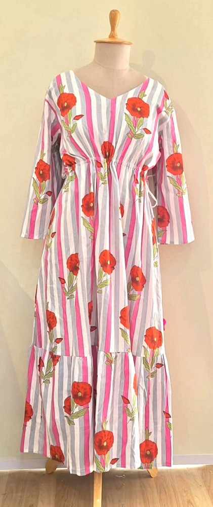 Image of LIGHT PINK SILVER AND WHITE STRIPED COTTON MIDI FROCK SET