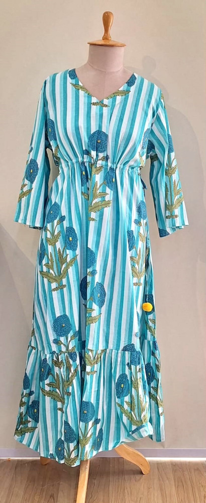 Image of AQUA BLUE LIGHT BLUE AND WHITE STRIPED COTTON MIDI FROCK SET