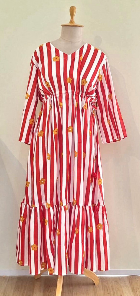 Image of RED AND WHITE STRIPED COTTON MIDI FROCK SET