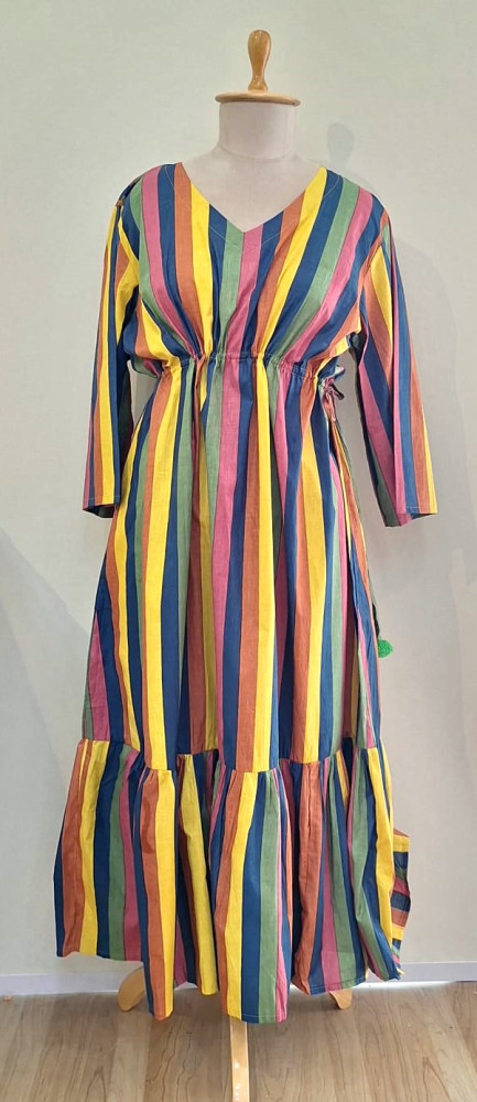 Image of MULTI COLOUR STRIPED COTTON MIDI FROCK SET