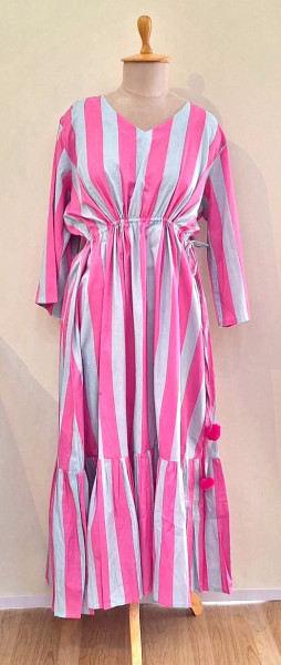 PINK AND GREY STRIPED COTTON MIDI FROCK SET