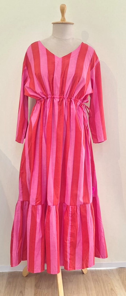 Image of RED AND RANI STRIPED COTTON MIDI FROCK SET