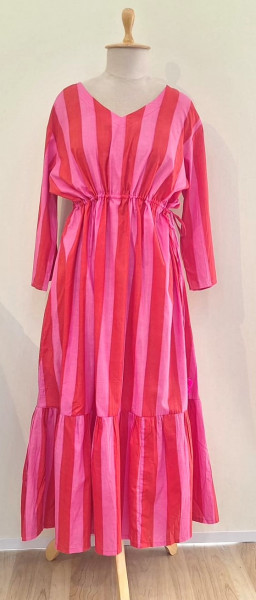 RED AND RANI STRIPED COTTON MIDI FROCK SET