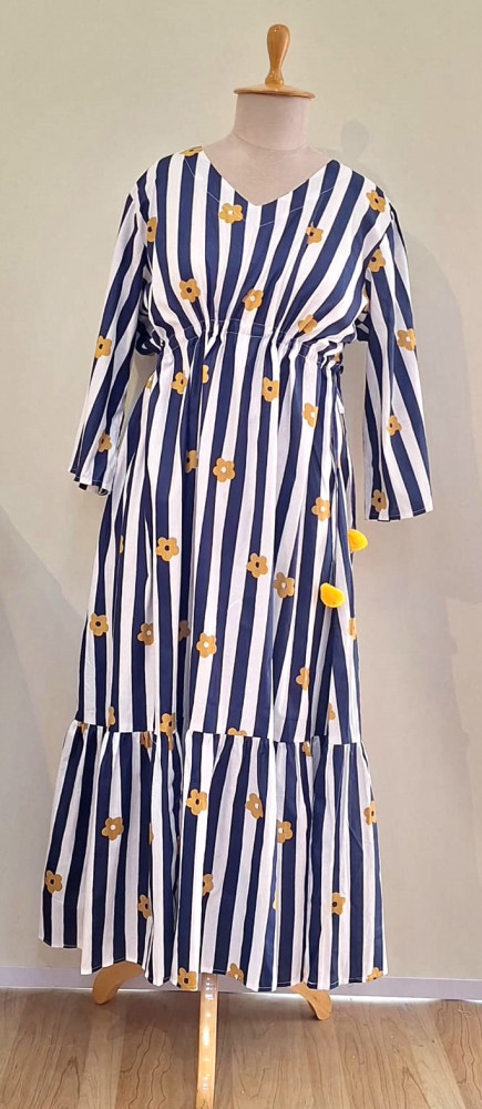 Image of NAVY BLUE AND WHITE STRIPED COTTON MIDI FROCK SET