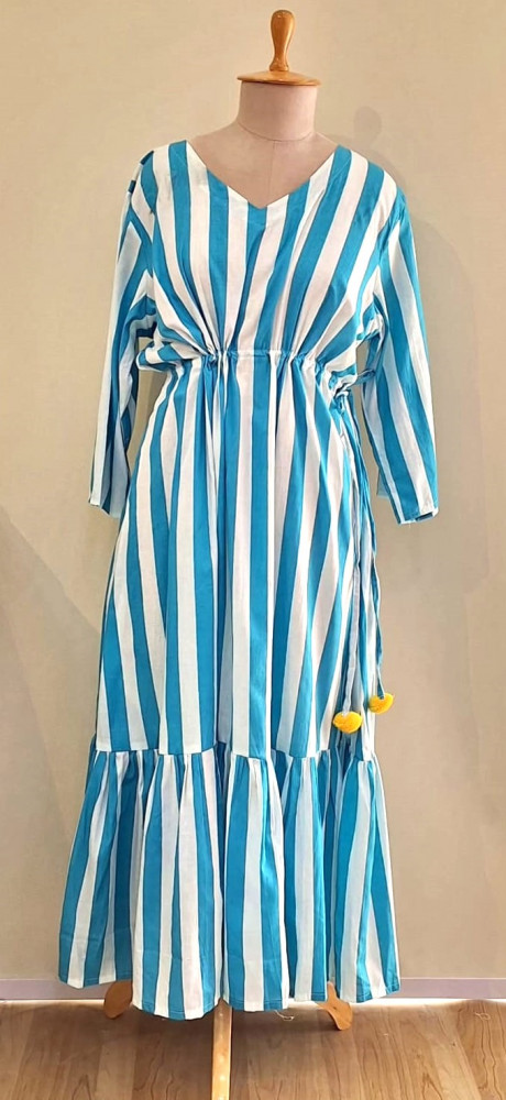 Image of SKY BLUE AND WHITE STRIPED COTTON MIDI FROCK SET