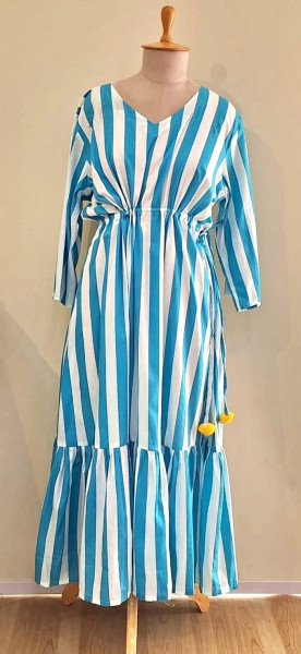 SKY BLUE AND WHITE STRIPED COTTON MIDI FROCK SET