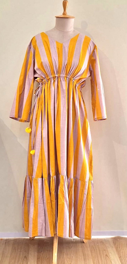Image of MUSTARD YELLOW AND PEACH STRIPED COTTON MIDI FROCK SET