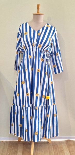 BLUE AND WHITE STRIPED COTTON MIDI FROCK SET