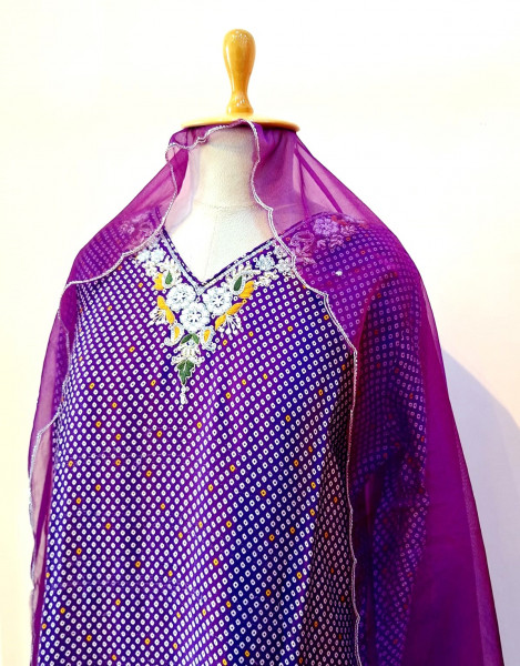 PURPLE BHANDHEJ SUIT PANT AND DUPATTA SET