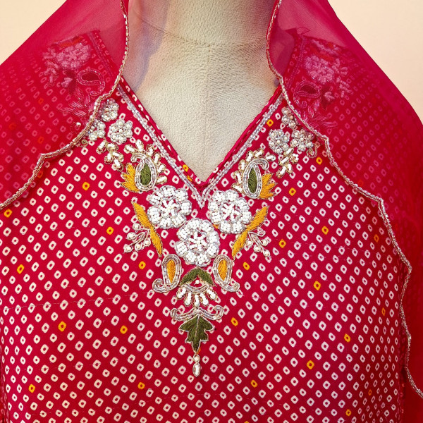LIGHT RED BHANDHEJ SUIT PANT AND DUPATTA SET