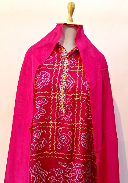 RED BHANDHEJ SUIT PANT AND DUPATTA SET