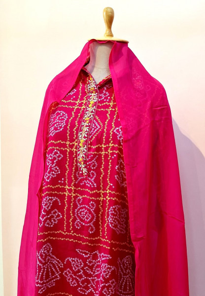 RED BHANDHEJ SUIT PANT AND DUPATTA SET
