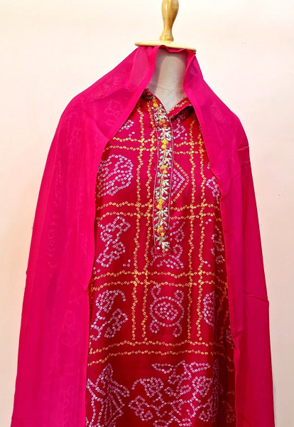 RED BHANDHEJ SUIT PANT AND DUPATTA SET