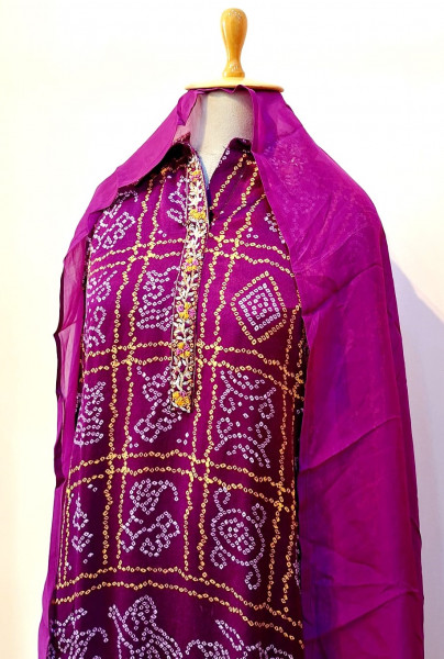 PURPLE BHANDHEJ SUIT PANT AND DUPATTA SET