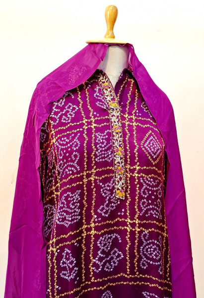 PURPLE BHANDHEJ SUIT PANT AND DUPATTA SET