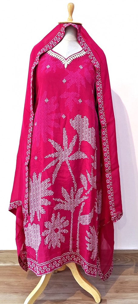 Image of RANI PINK BHANDHEJ SUIT PANT AND DUPATTA SET
