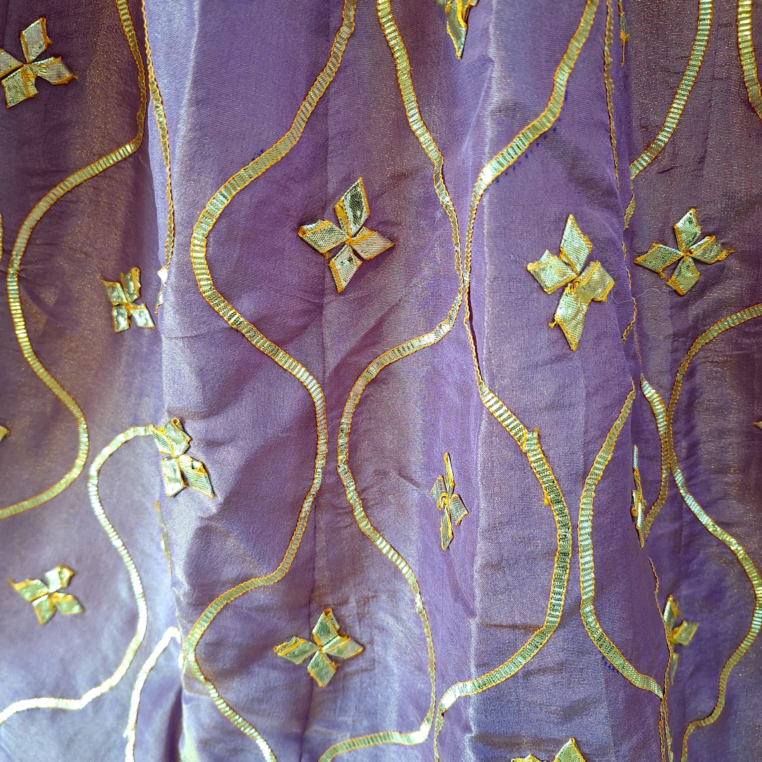 LAVENDER TISSUE HANDWORK SHORT KURTI SKIRT AND DUPATTA SET