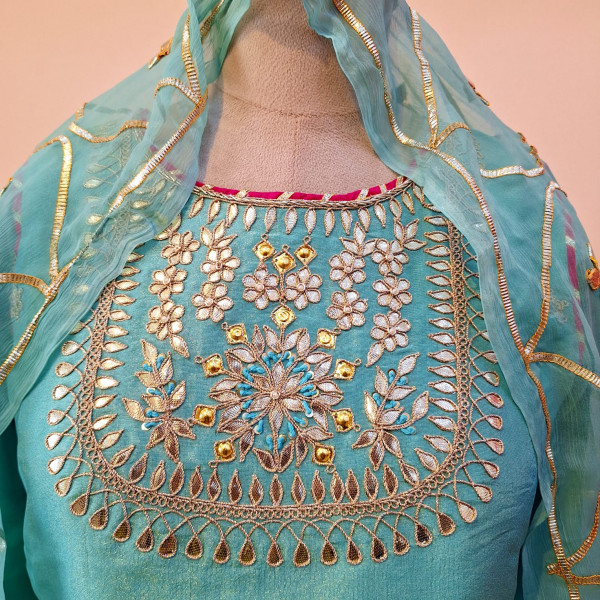 AQUA BLUE TISSUE HANDWORK SHORT KURTI SKIRT AND DUPATTA SET