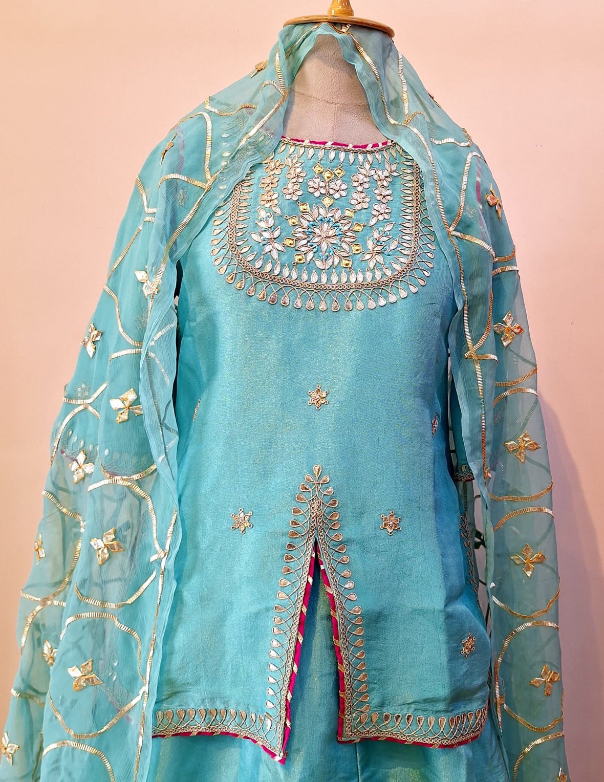 AQUA BLUE TISSUE HANDWORK SHORT KURTI SKIRT AND DUPATTA SET