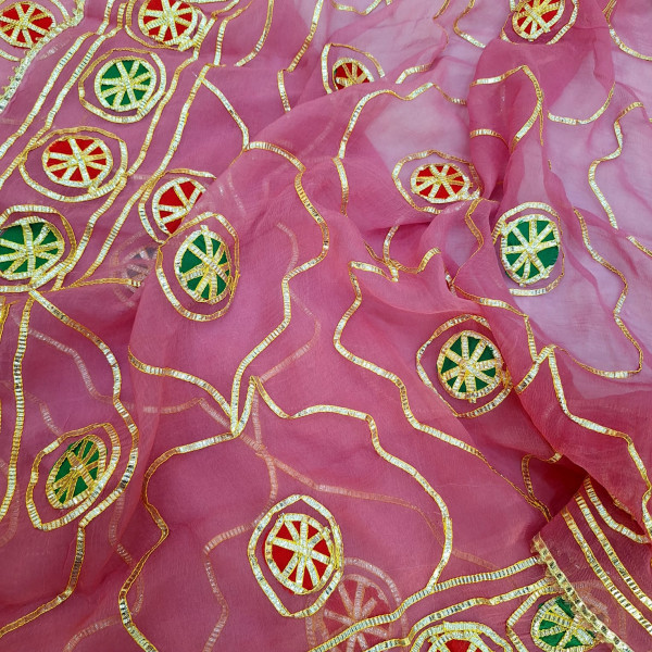 ONION PINK DOLA SILK HANDWORK UNSTITCHED SUIT PANT AND DUPATTA SET